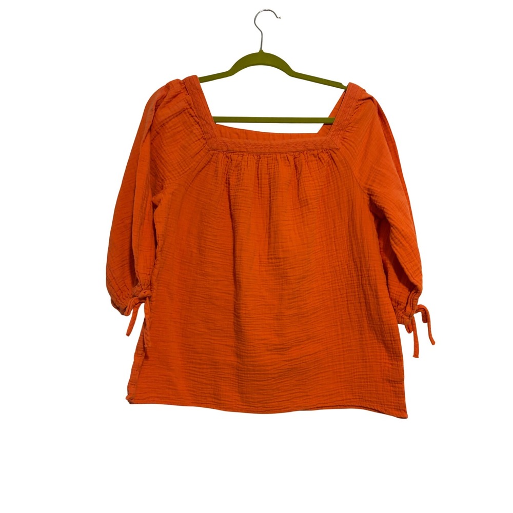 Lauren Conrad Gauze Blouse Boho Orange Tie Sleeve Square Neck Top M